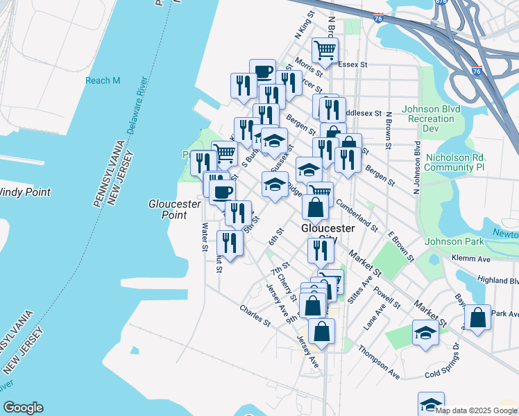 map of restaurants, bars, coffee shops, grocery stores, and more near 227 5th Street in Gloucester City