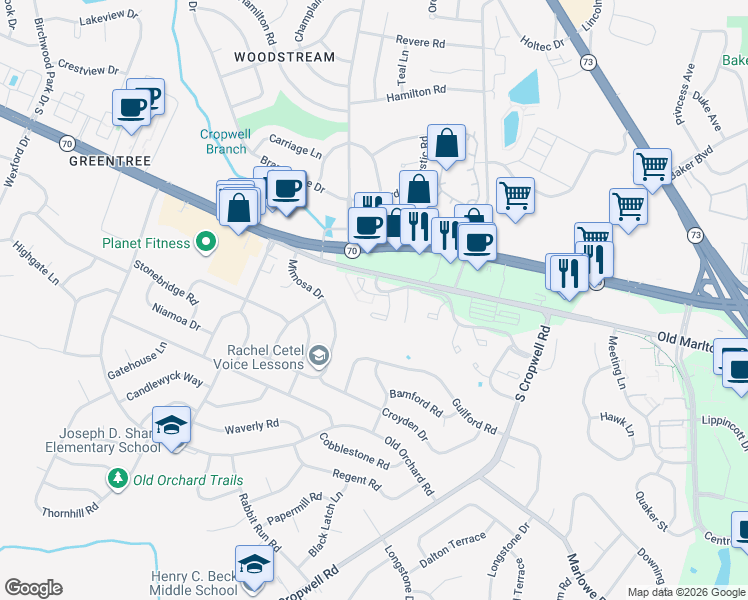 map of restaurants, bars, coffee shops, grocery stores, and more near 126 Aspen Court in Evesham