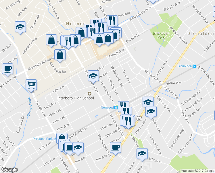map of restaurants, bars, coffee shops, grocery stores, and more near 209 West Winona Avenue in Norwood