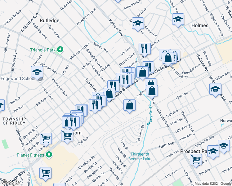 map of restaurants, bars, coffee shops, grocery stores, and more near 300 Rutledge Avenue in Folsom
