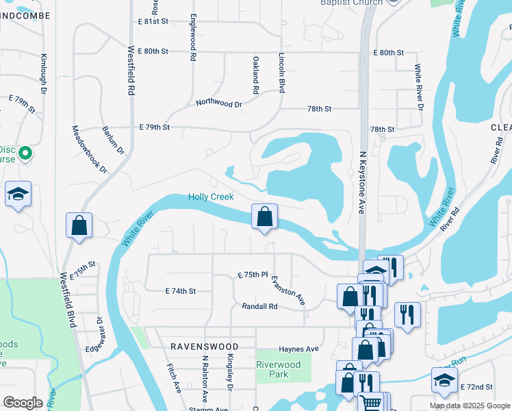 map of restaurants, bars, coffee shops, grocery stores, and more near 1701 East 77th Street in Indianapolis