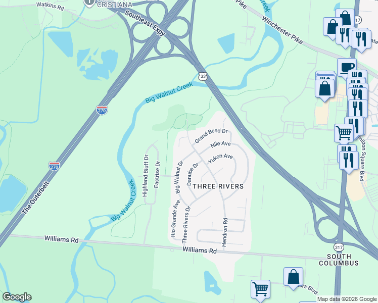 map of restaurants, bars, coffee shops, grocery stores, and more near 3695 Big Walnut Drive in Groveport