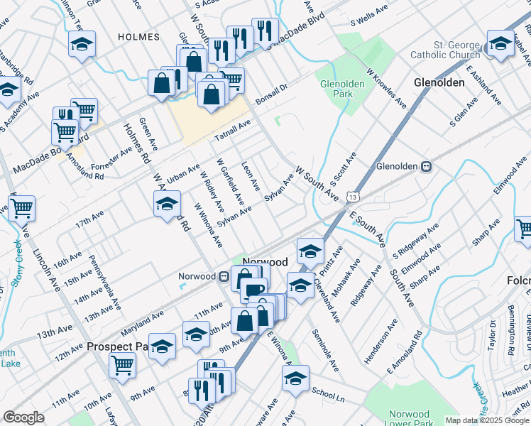map of restaurants, bars, coffee shops, grocery stores, and more near 112 Leon Avenue in Norwood