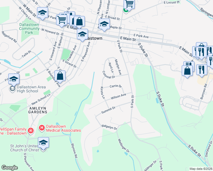 map of restaurants, bars, coffee shops, grocery stores, and more near 602 Carrie Drive in Dallastown