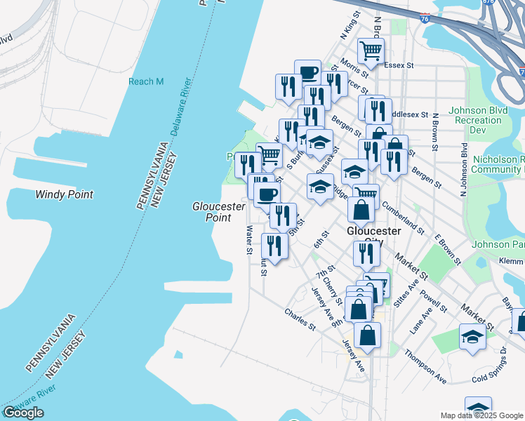 map of restaurants, bars, coffee shops, grocery stores, and more near 314 Jersey Avenue in Gloucester City