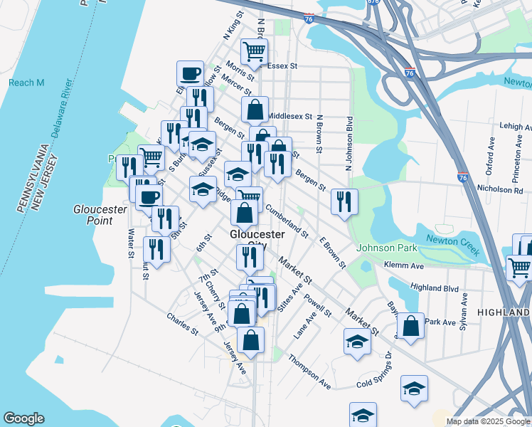 map of restaurants, bars, coffee shops, grocery stores, and more near 114 South Broadway in Gloucester City