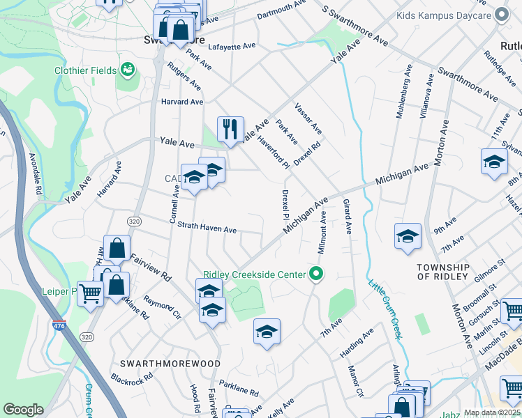 map of restaurants, bars, coffee shops, grocery stores, and more near 415 Drew Avenue in Swarthmore