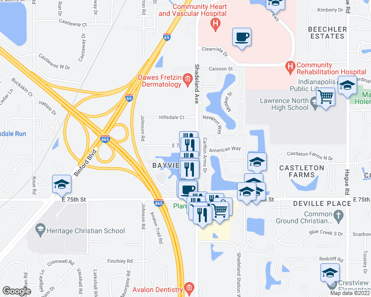 map of restaurants, bars, coffee shops, grocery stores, and more near 7526 North Shadeland Avenue in Indianapolis