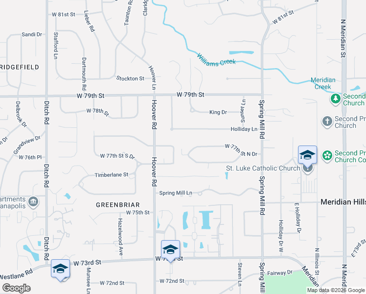 map of restaurants, bars, coffee shops, grocery stores, and more near 654 West 77th Street North Drive in Indianapolis