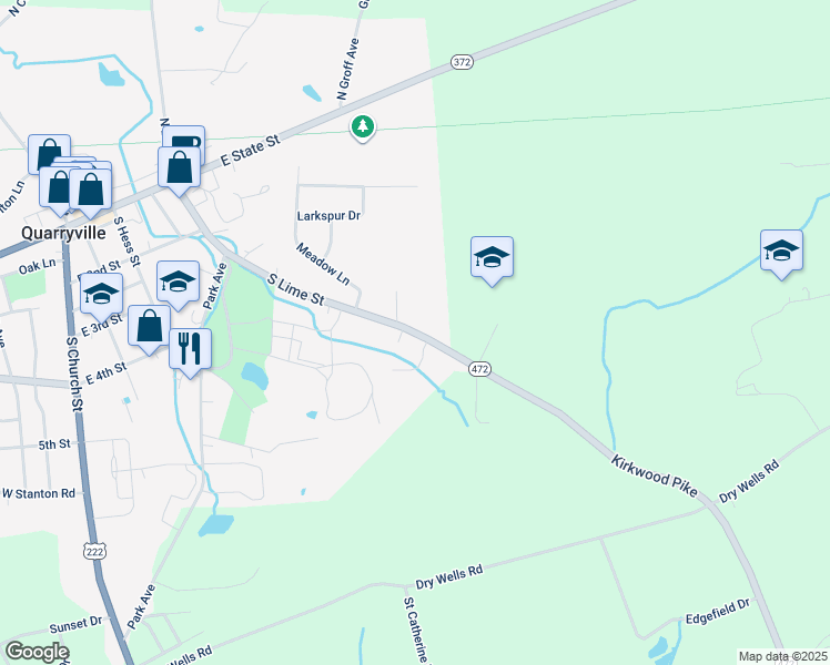 map of restaurants, bars, coffee shops, grocery stores, and more near 248 South Lime Street in Quarryville