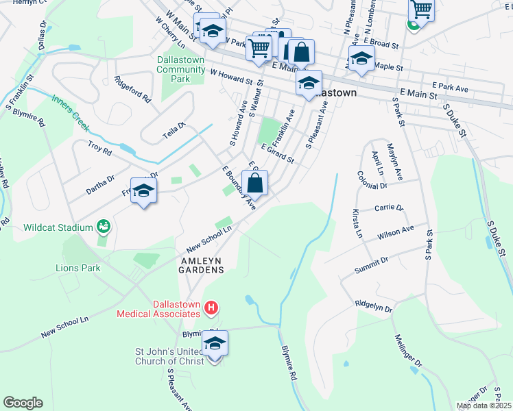 map of restaurants, bars, coffee shops, grocery stores, and more near 480 South Pleasant Avenue in Dallastown