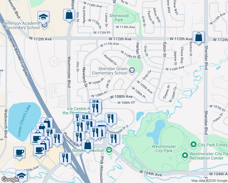 map of restaurants, bars, coffee shops, grocery stores, and more near 6140 West 108th Place in Broomfield
