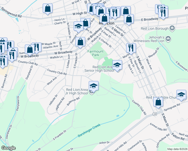 map of restaurants, bars, coffee shops, grocery stores, and more near 306 Horace Mann Avenue in Red Lion