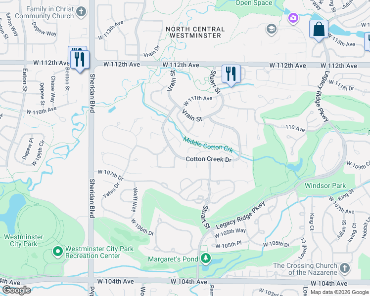 map of restaurants, bars, coffee shops, grocery stores, and more near 4470 West 109th Place in Westminster