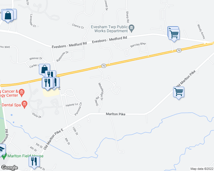 map of restaurants, bars, coffee shops, grocery stores, and more near 2403 Rabbit Run Road in Evesham