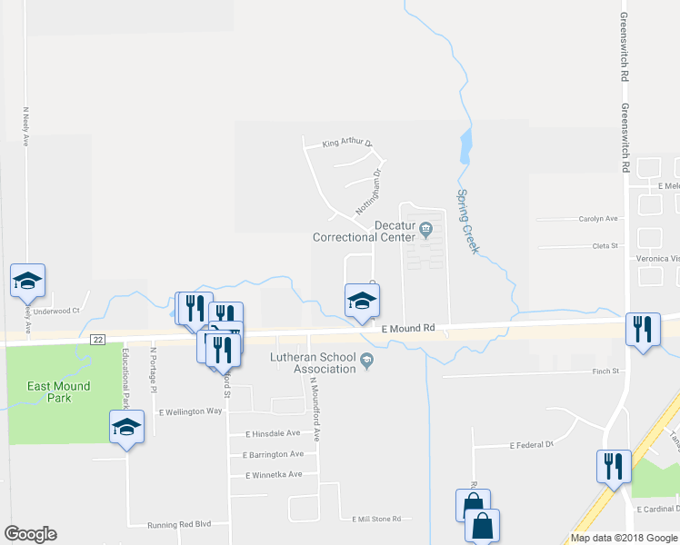 map of restaurants, bars, coffee shops, grocery stores, and more near 3910 Camelot Circle in Decatur