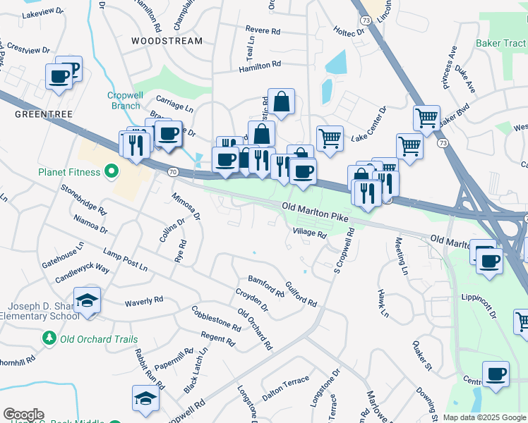 map of restaurants, bars, coffee shops, grocery stores, and more near 200 Empress Court in Evesham