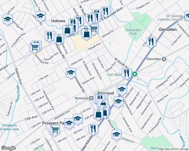 map of restaurants, bars, coffee shops, grocery stores, and more near 305 Sylvan Avenue in Norwood