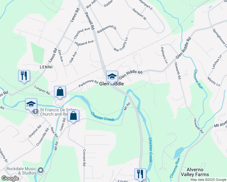 map of restaurants, bars, coffee shops, grocery stores, and more near 100 Pennell Road in Media