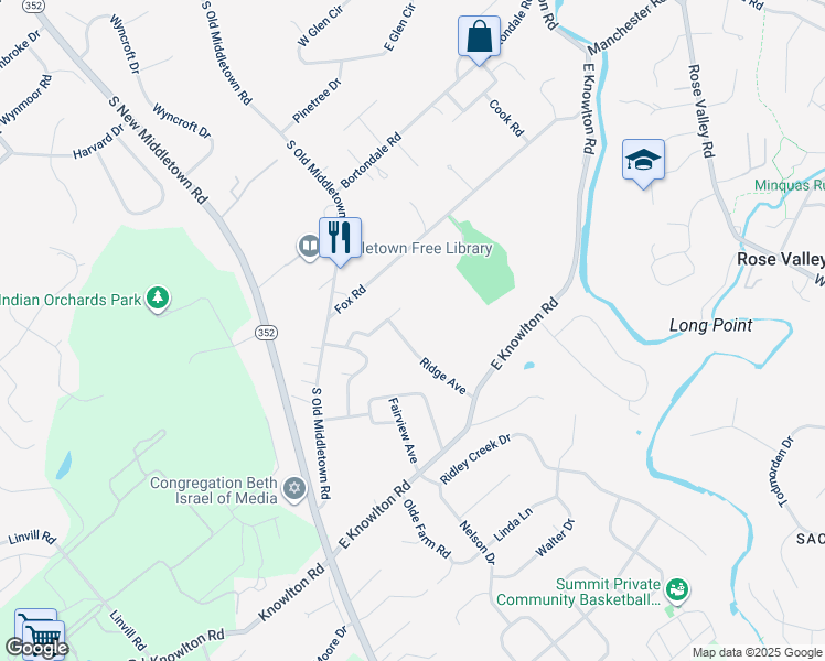 map of restaurants, bars, coffee shops, grocery stores, and more near 511 Ridge Avenue in Media