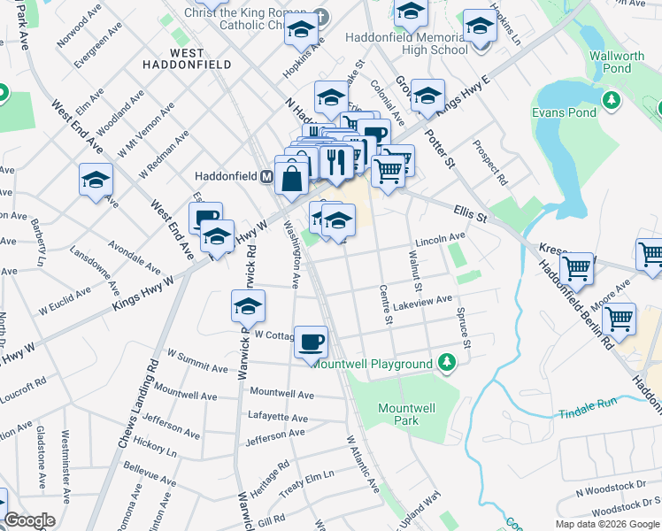 map of restaurants, bars, coffee shops, grocery stores, and more near 4 Lincoln Avenue in Haddonfield