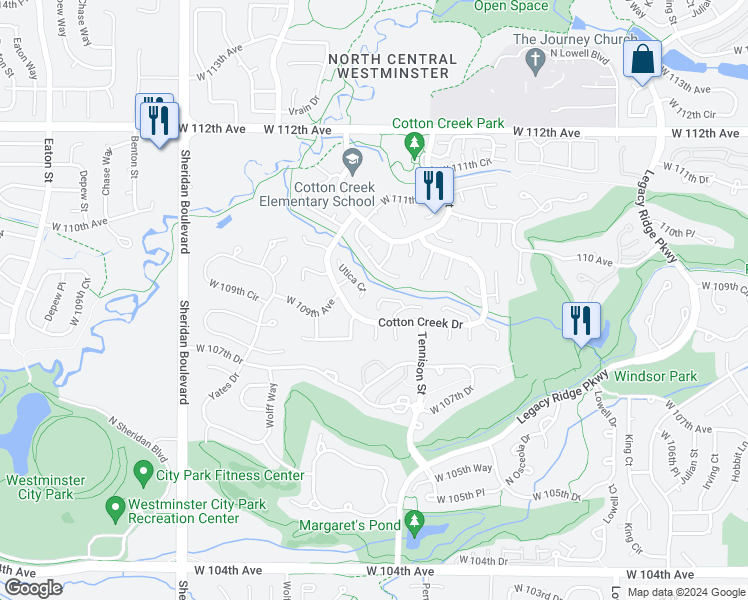 map of restaurants, bars, coffee shops, grocery stores, and more near 4470 West 109th Place in Westminster