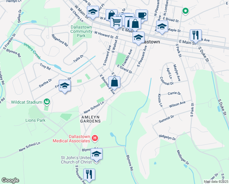 map of restaurants, bars, coffee shops, grocery stores, and more near 480 South Pleasant Avenue in Dallastown