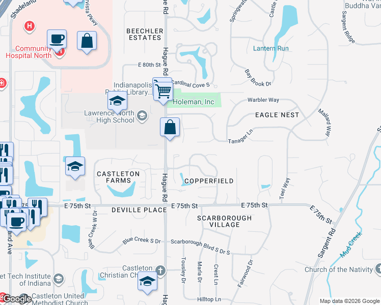 map of restaurants, bars, coffee shops, grocery stores, and more near 7678 Wickfield Way in Indianapolis