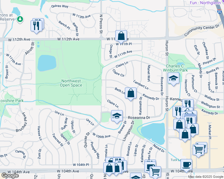 map of restaurants, bars, coffee shops, grocery stores, and more near 1442 Beth Lane in Northglenn