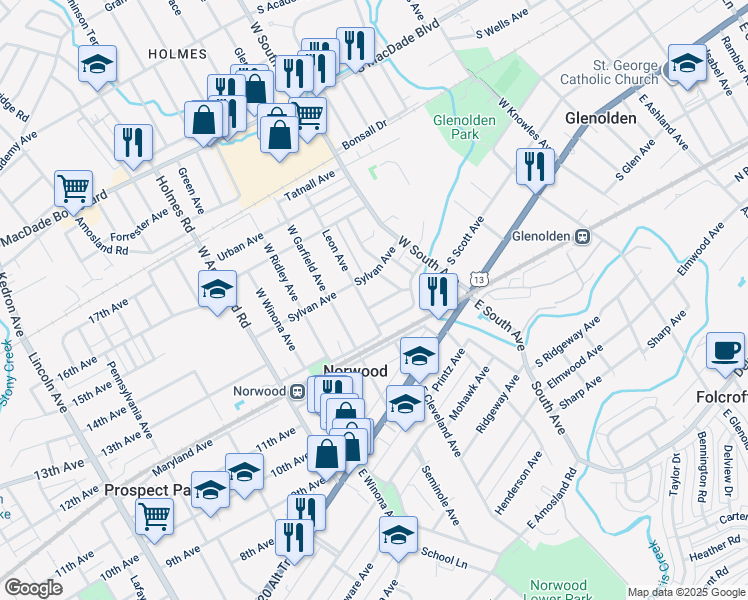 map of restaurants, bars, coffee shops, grocery stores, and more near 101 Leon Avenue in Norwood