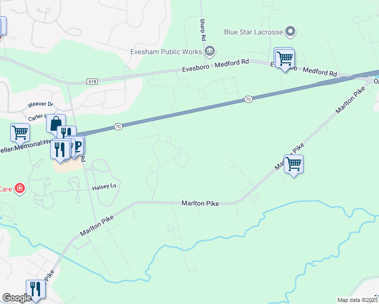 map of restaurants, bars, coffee shops, grocery stores, and more near 1702 Squirrel Road in Evesham