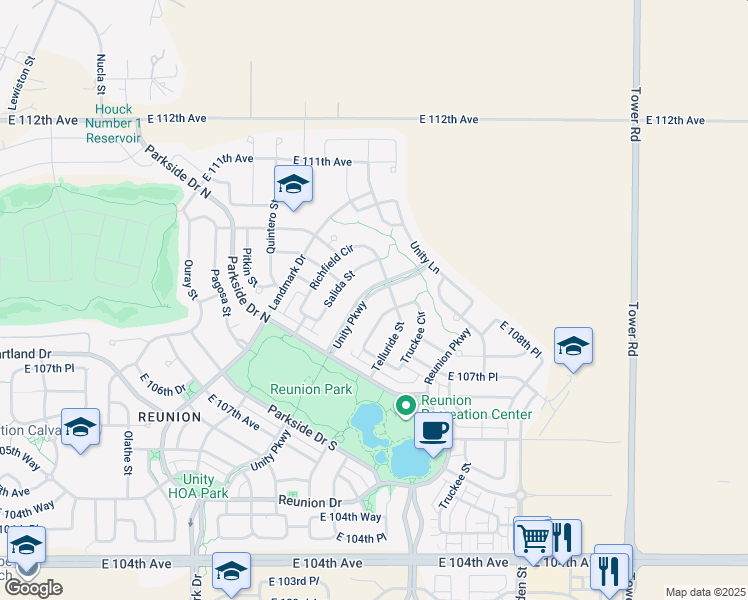 map of restaurants, bars, coffee shops, grocery stores, and more near 10870 Unity Parkway in Commerce City