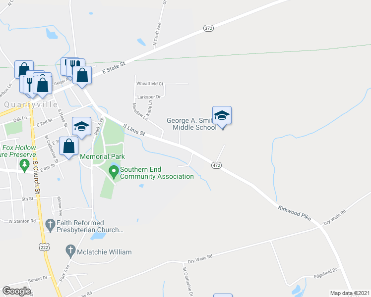 map of restaurants, bars, coffee shops, grocery stores, and more near 246 South Lime Street in Quarryville