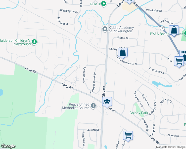 map of restaurants, bars, coffee shops, grocery stores, and more near 143 Georges Creek Drive in Pickerington