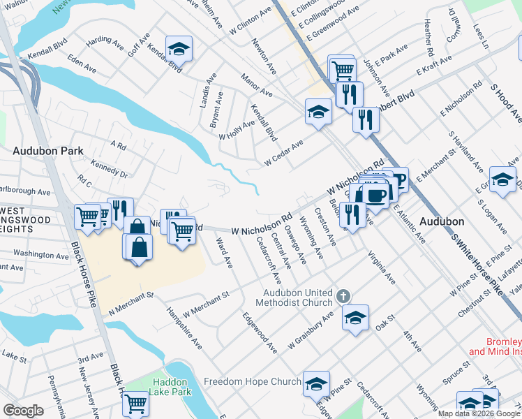 map of restaurants, bars, coffee shops, grocery stores, and more near 14 Village Court in Audubon