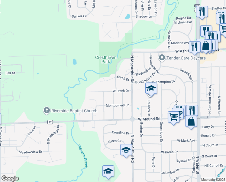 map of restaurants, bars, coffee shops, grocery stores, and more near 801 West Frank Drive in Decatur