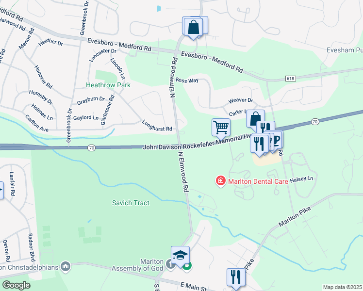 map of restaurants, bars, coffee shops, grocery stores, and more near 691 New Jersey 70 in Evesham