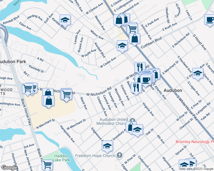map of restaurants, bars, coffee shops, grocery stores, and more near 29 Village Court in Audubon