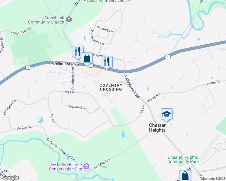 map of restaurants, bars, coffee shops, grocery stores, and more near 1-25 Coventry Lane in Chester Heights