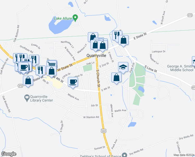 map of restaurants, bars, coffee shops, grocery stores, and more near 124 South Church Street in Quarryville