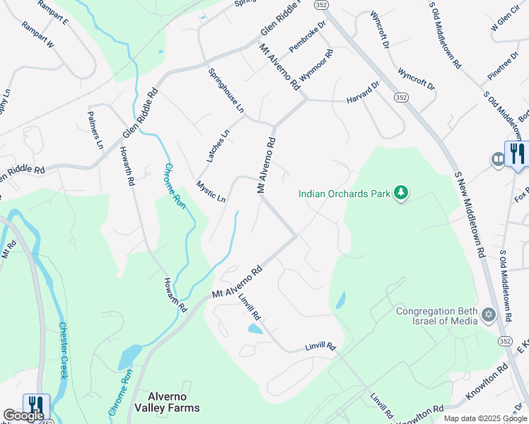 map of restaurants, bars, coffee shops, grocery stores, and more near 408 Mount Alverno Road in Media