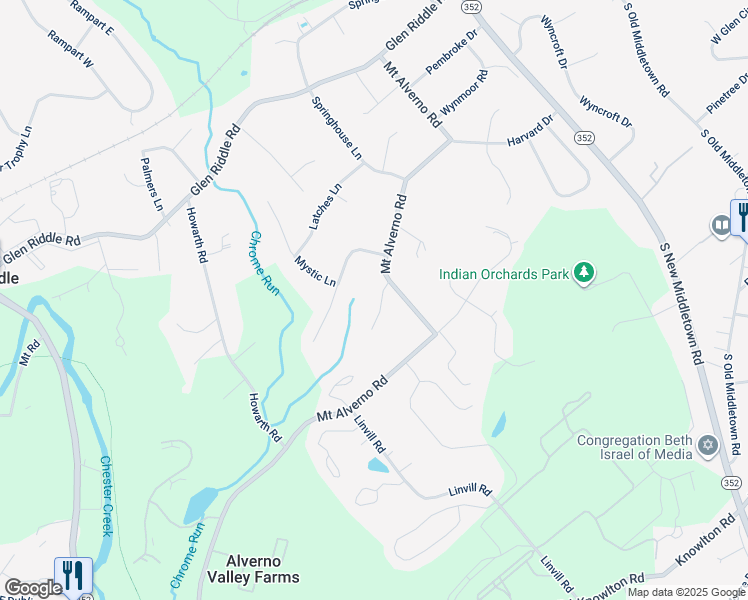 map of restaurants, bars, coffee shops, grocery stores, and more near 414 Willowgate Lane in Media