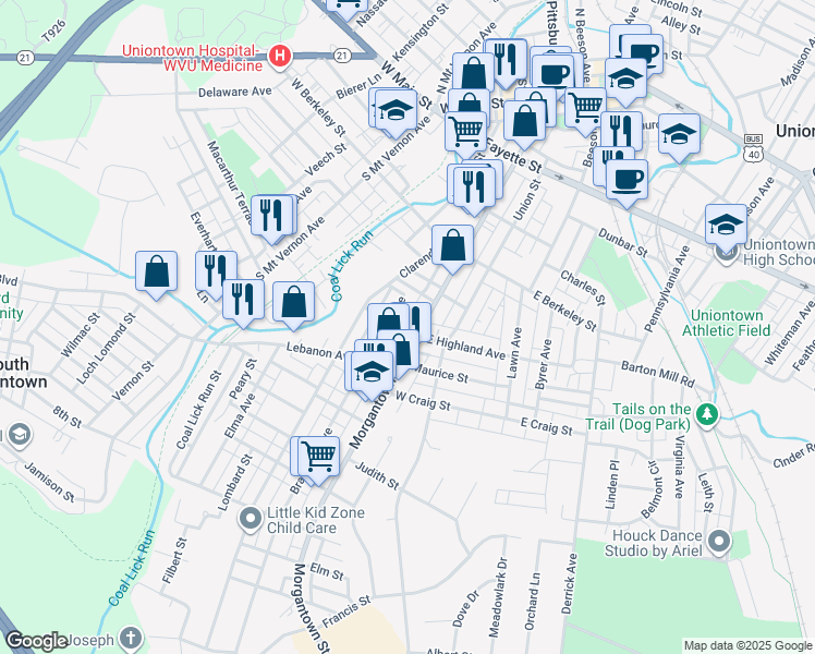 map of restaurants, bars, coffee shops, grocery stores, and more near 2 West Highland Avenue in Uniontown