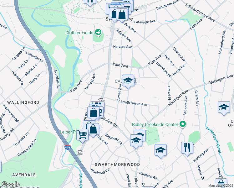 map of restaurants, bars, coffee shops, grocery stores, and more near 404 Cornell Avenue in Swarthmore