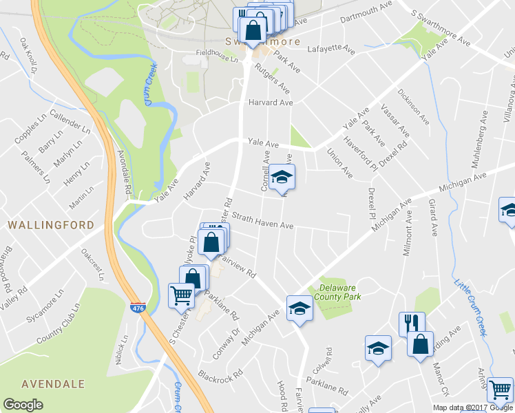 map of restaurants, bars, coffee shops, grocery stores, and more near 404 Cornell Avenue in Swarthmore
