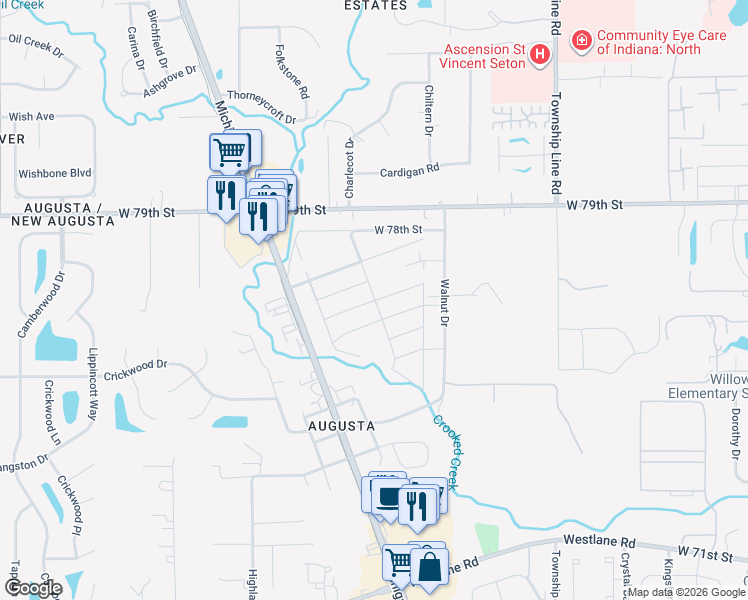 map of restaurants, bars, coffee shops, grocery stores, and more near 2899 Moonstone Street in Indianapolis