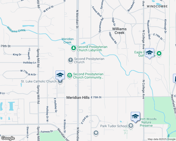 map of restaurants, bars, coffee shops, grocery stores, and more near 7700 North Pennsylvania Street in Indianapolis