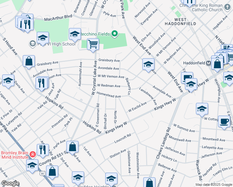 map of restaurants, bars, coffee shops, grocery stores, and more near 305 Homestead Avenue in Haddonfield