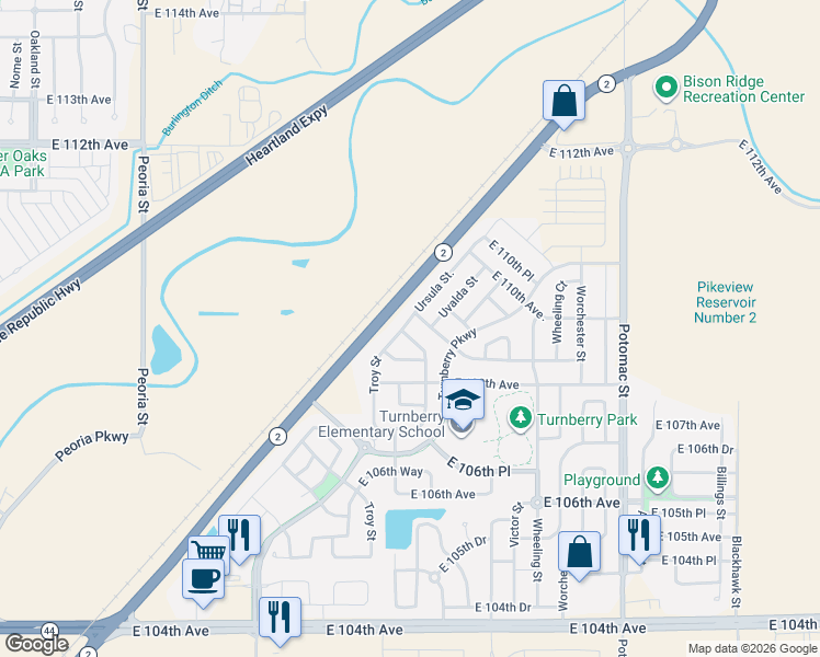 map of restaurants, bars, coffee shops, grocery stores, and more near 10878 Troy Street in Commerce City