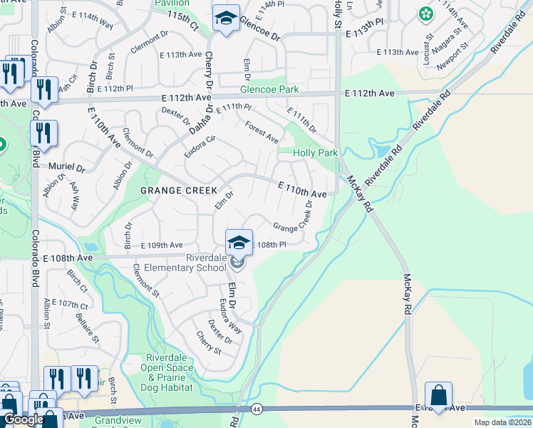 map of restaurants, bars, coffee shops, grocery stores, and more near 10902 Forest Circle in Thornton